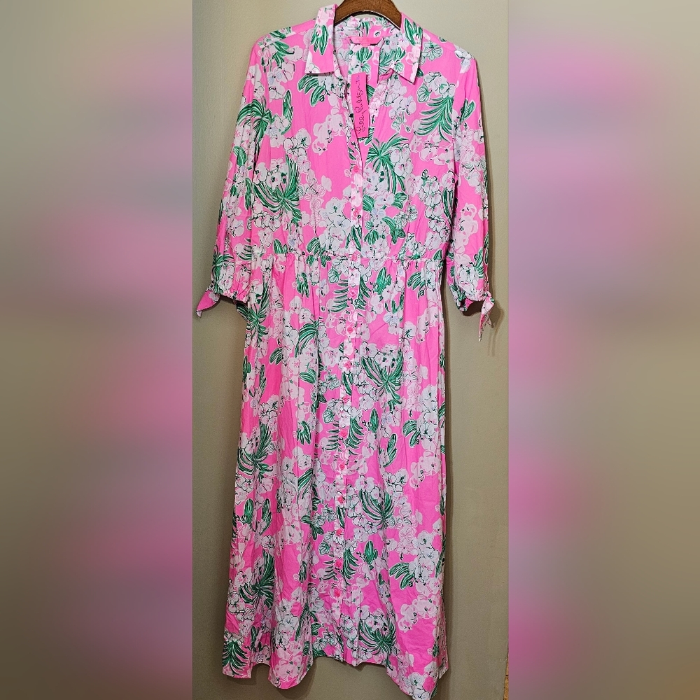 Lilly Pulitzer  Amrita Cotton Midi Shirtdress Roxie Pink Worth A Look - Picture 5 of 10
